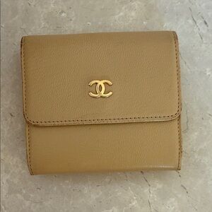 Authentic CHANEL Beige Leather Wallet with Gold Logo